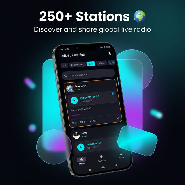 RadioStream Hub App demonstrating 250+ Social Radio Stations